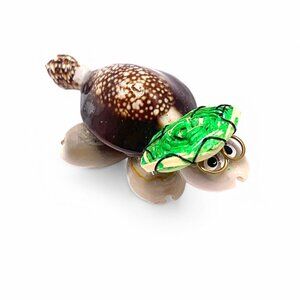 Handcrafted Sea Shell Turtle Figurine With Green Hat - Unique Beach Decor